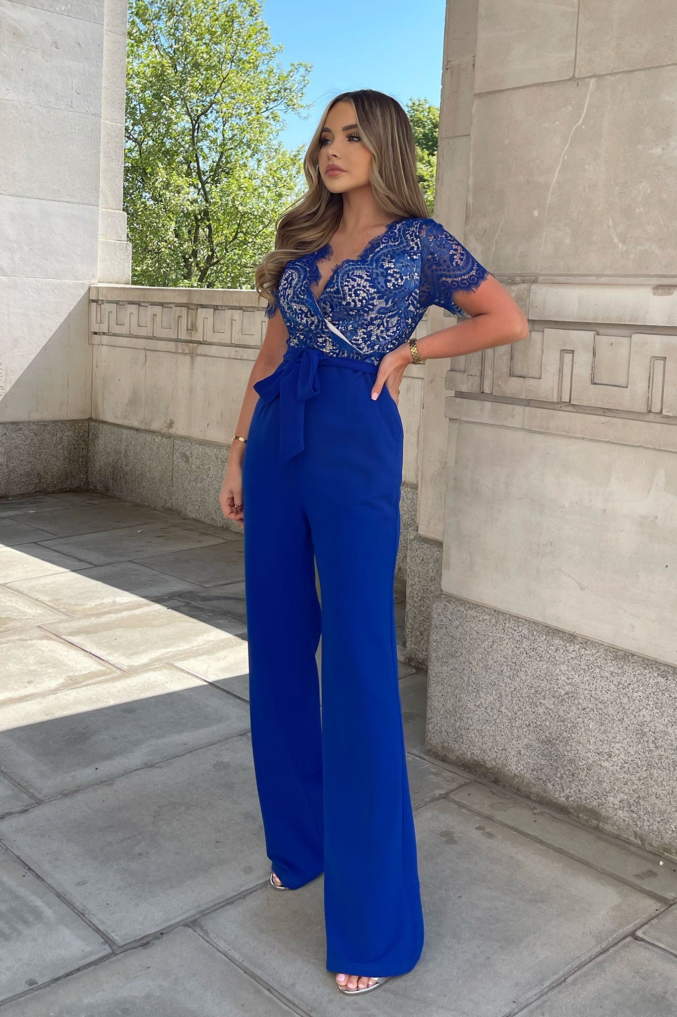 Julia Cobalt Lace Wrap Wide Leg Jumpsuit By Girl In Mind Was